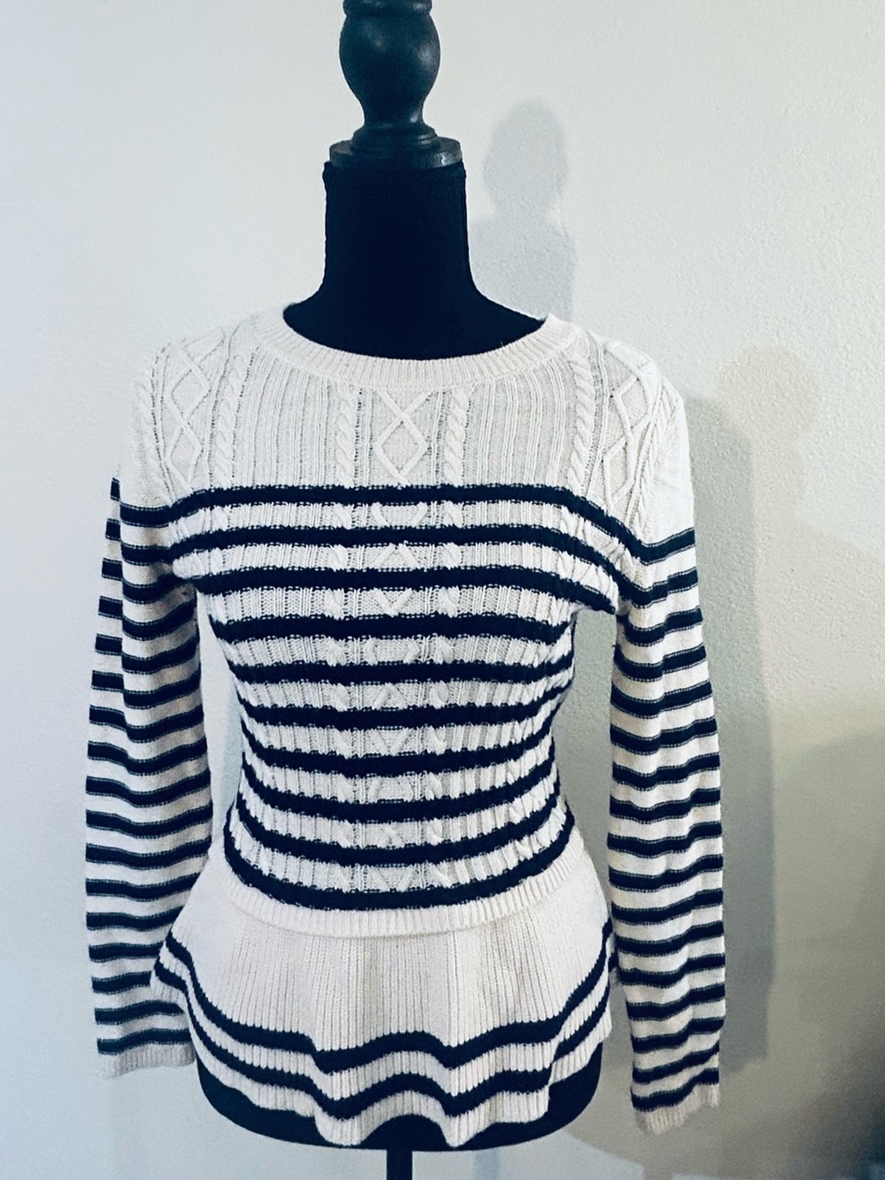 Talbots Striped Cable Knit Peplum Sweater